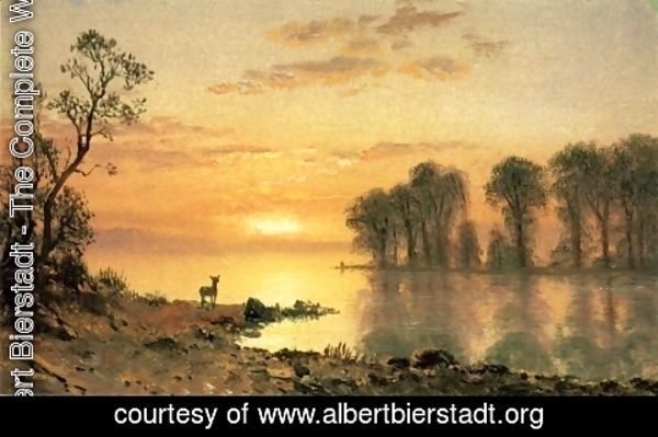 Albert Bierstadt - Sunset, Deer, and River
