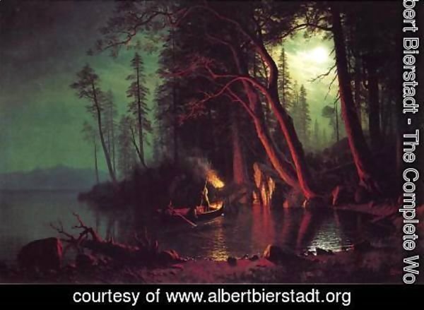 Albert Bierstadt - Lake Tahoe  Spearing Fish By Torchlight