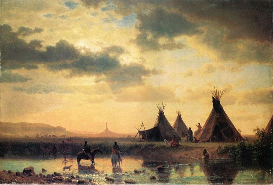 View of Chimney Rock, Ogalillalh Sioux Village in Foreground by Albert Bierstadt
