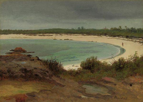Cove With Beach And Church by Albert Bierstadt