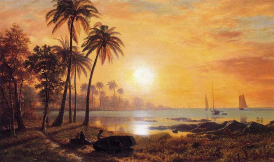 Tropical Landscape With Fishing Boats In Bay by Albert Bierstadt