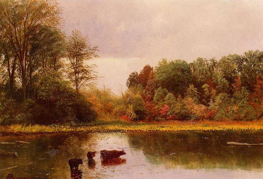 Cows Watering In A Landscape by Albert Bierstadt