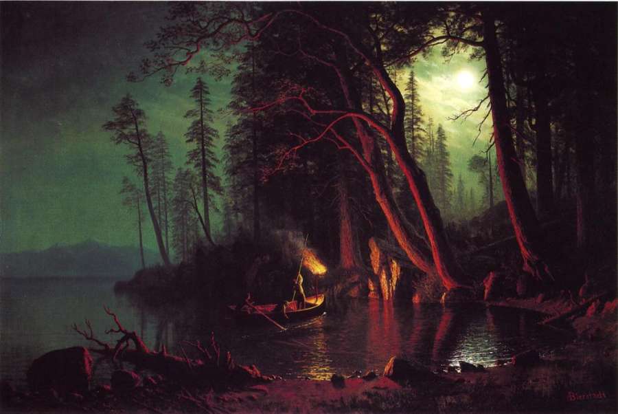 Lake Tahoe  Spearing Fish By Torchlight by Albert Bierstadt