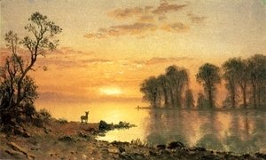 Albert Bierstadt - Sunset, Deer, and River
