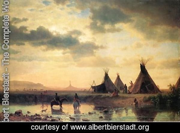 Albert Bierstadt - View of Chimney Rock, Ogalillalh Sioux Village in Foreground