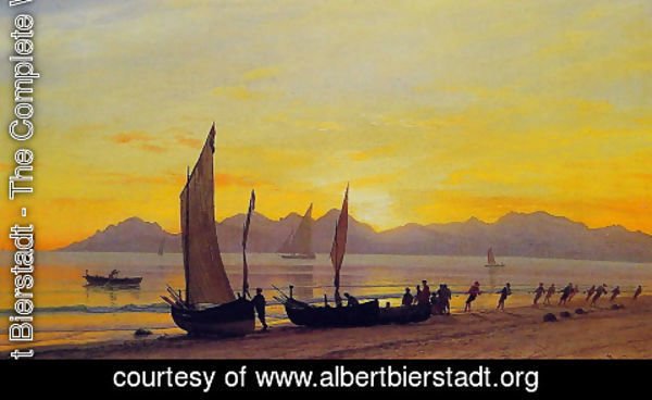 Albert Bierstadt - Boats Ashore At Sunset